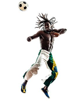 one Brazilian black man soccer player heading football on white background