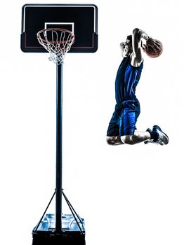 one  man basketball player jumping dunking in silhouette isolated white background