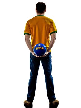 one man with Brazilian jersey holding soccer ball back isolated in white background