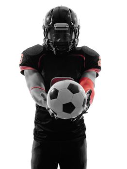 one american football player soccer ball in silhouette shadow on white background