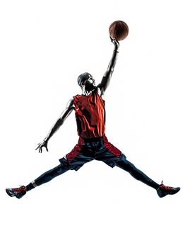 one african man basketball player jumping dunking in silhouette isolated white background