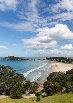 View of the coastline and town of Tauranga from the Mount in New Zealand