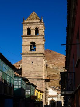 Tower of monastery of San Francisco in Potosi (Bolivia). Under the clear blue sky.