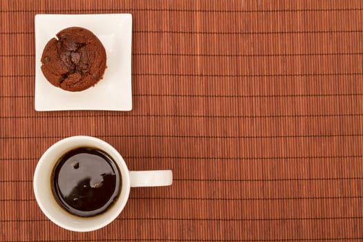 Chocolate Muffins on a white plate with  a cup of coffee
