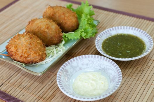 Three croquettes with sauces Japanese style 
