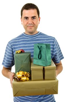 young casual man holding a few gifts, isolated
