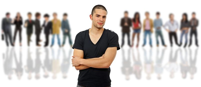 an young man in front of a group of people, isolated