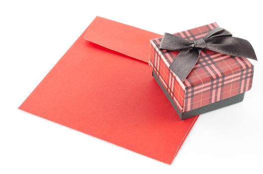 red enveloper and scotch gift box isolated on white background