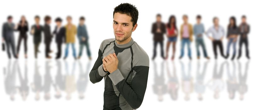 an young man in front of a group of people, isolated