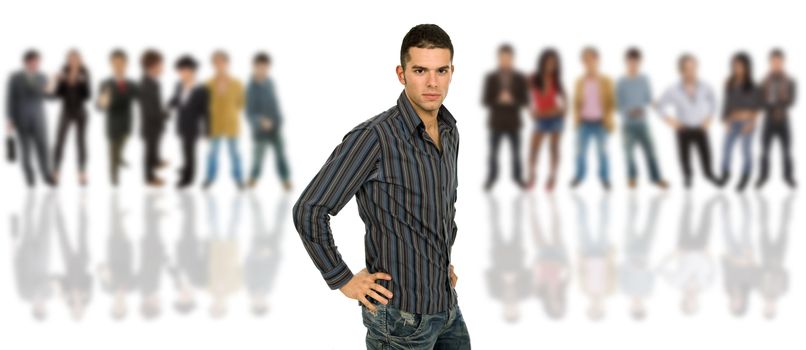 an young man in front of a group of people, isolated