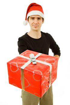 young man with santa hat holding a gift, isolated