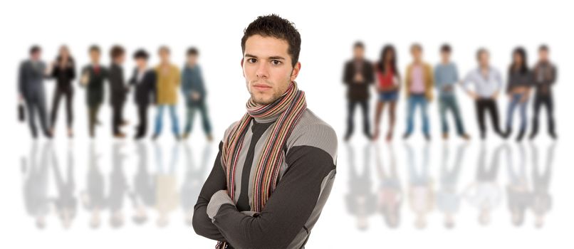 an young man in front of a group of people, isolated