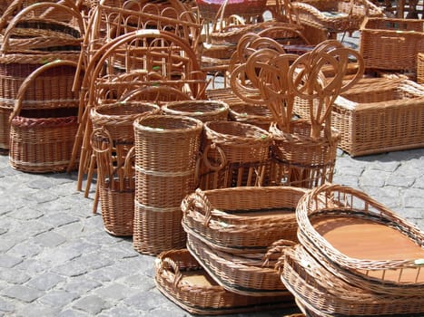 wicker baskets for sale in an outdoor market
