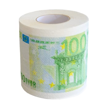 Toilet paper roll of 100 Euro bank notesl isolate on white background