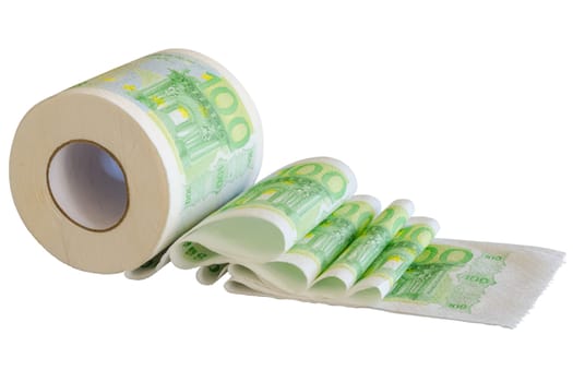 Toilet paper roll with European Union currency banknotes isolated