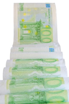 European currency bank notes printed on toilet paper isolate