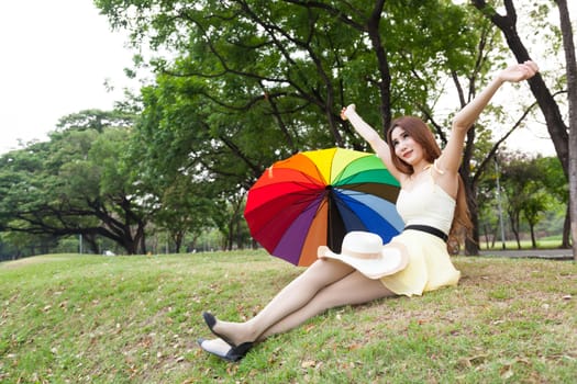 Woman sitting on the grass in the park. Posture relaxed and happy.