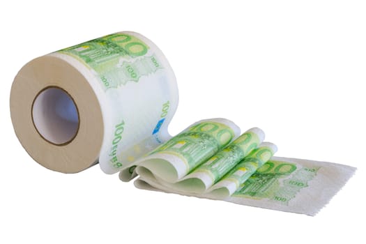 European money paint on toilet paper. Reeled off roll isolated on white.
