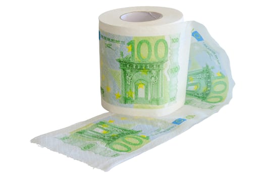 Banknotes 100 Euro printed on the toilet paper roll isolate on white