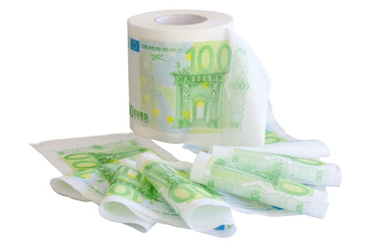 Reeled off toilet paper with 100 Euro banknotes image isolated on white