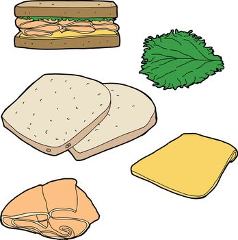 Parts of a turkey sandwich on white background
