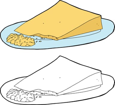 Wedge of cheese on plate with grated portion