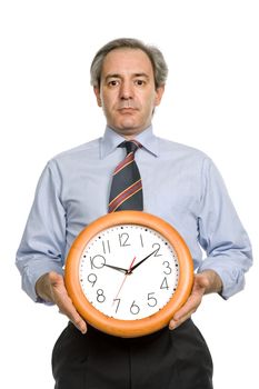 mature handsome business man holding a clock