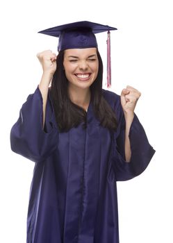 Happy Graduating Mixed Race Female Wearing Cap and Gown Cheering Isolated on a White Background.