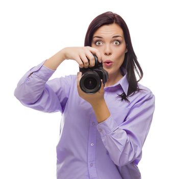 Attractive Mixed Race Young woman With DSLR Camera Isolated on a White Background.