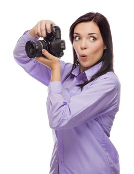 Attractive Mixed Race Young woman With DSLR Camera Isolated on a White Background.