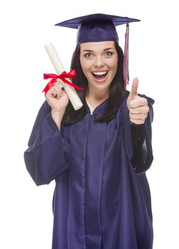 Happy Graduating Mixed Race Female Wearing Cap and Gown with Her Diploma Isolated on White Background.