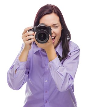 Attractive Mixed Race Young woman With DSLR Camera Isolated on a White Background.