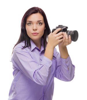 Attractive Mixed Race Young woman With DSLR Camera Isolated on a White Background.