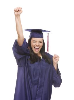 Happy Graduating Mixed Race Female Wearing Cap and Gown Cheering Isolated on a White Background.