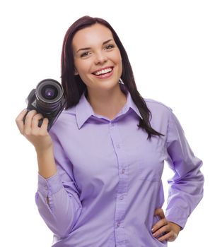 Attractive Mixed Race Young woman With DSLR Camera Isolated on a White Background.