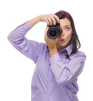 Attractive Mixed Race Young woman With DSLR Camera Isolated on a White Background.