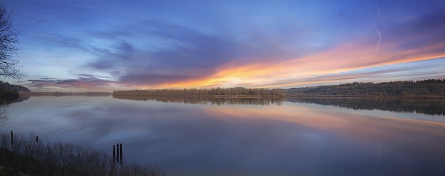 Sunset at Columbia River Gorge with Water Reflection in Oregon Panorama