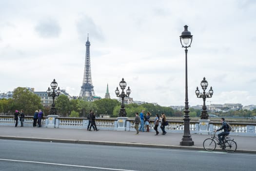 PARIS, FRANCE - OCTOBER 20: The Eiffel tower seen from the Pont des Invalides. October 20, 2013 in Paris.