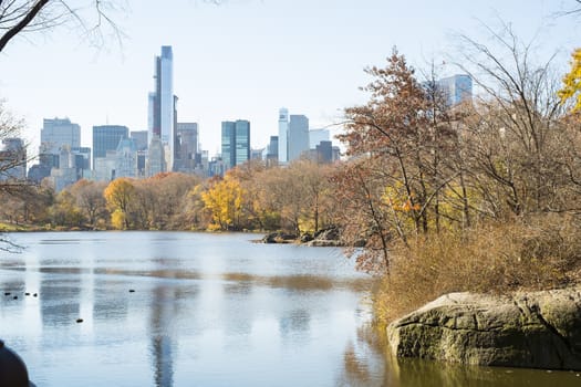 NEW YORK, US - NOVEMBER 23: Manhattan skyline with Central Park lake in the foreground in Autumn. November 23, 2013 in New York.