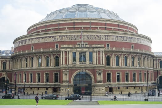 LONDON, UK - OCTOBER 15: Facade of the Royal Albert Hall with Kensington Gore street in front. October 15, 2013 in London.