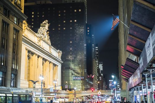 NEW YORK, US - NOVEMBER 26: Entrance to the Grand Central Station illuminated by spotlight. November 26, 2013 in New York.