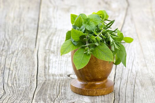 Mortar with fresh herbs on wooden background 