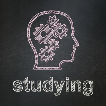 Education concept: Head With Gears icon and text Studying on Black chalkboard background, 3d render