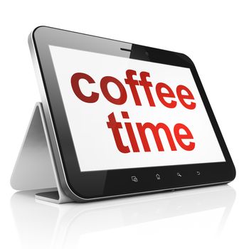 Time concept: black tablet pc computer with text Coffee Time on display. Modern portable touch pad on White background, 3d render