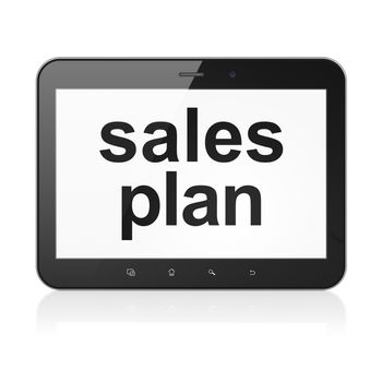 Marketing concept: black tablet pc computer with text Sales Plan on display. Modern portable touch pad on White background, 3d render