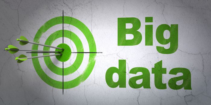 Success Data concept: arrows hitting the center of target, Green Big Data on wall background, 3d render