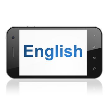 Education concept: smartphone with text English on display. Mobile smart phone on White background, cell phone 3d render