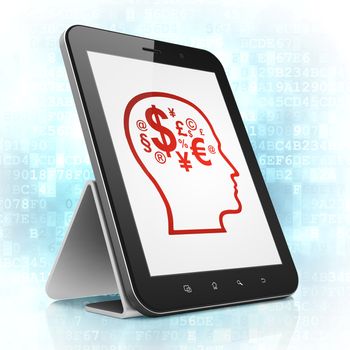 Advertising concept: black tablet pc computer with Head With Finance Symbol icon on display. Modern portable touch pad on Blue Digital background, 3d render