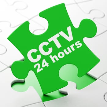 Safety concept: CCTV 24 hours on Green puzzle pieces background, 3d render