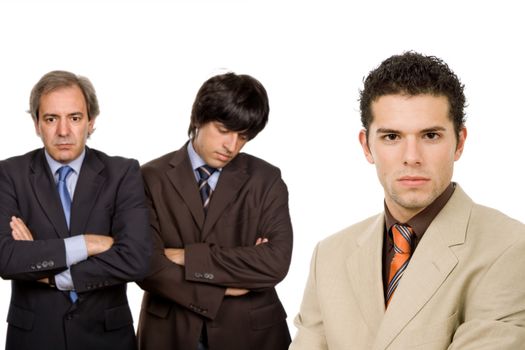 three business men isolated on white background, focus on the right man